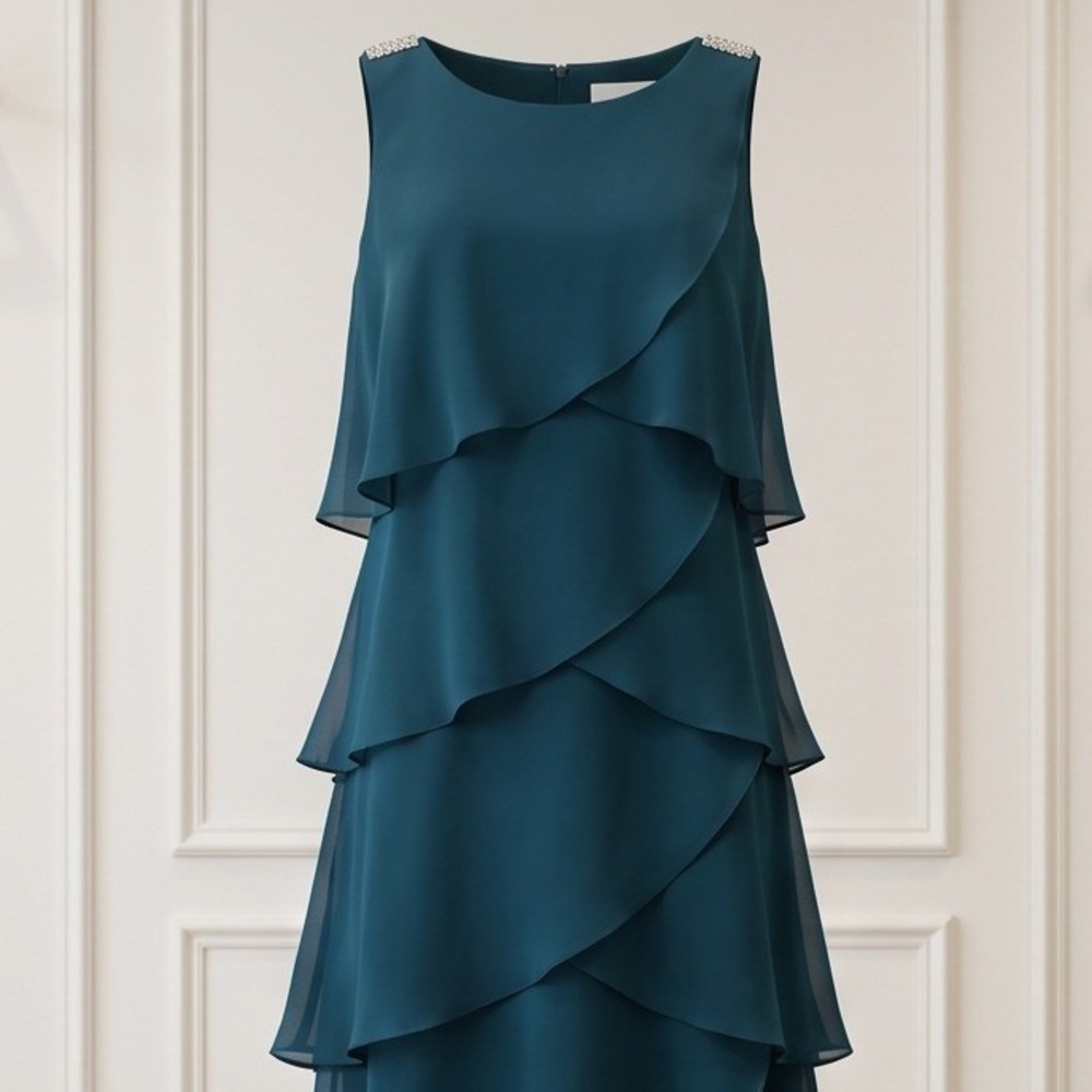 SLNY 14 Tiered Chiffon Cocktail Dress Teal Blue Rhinestone Accent 1140441